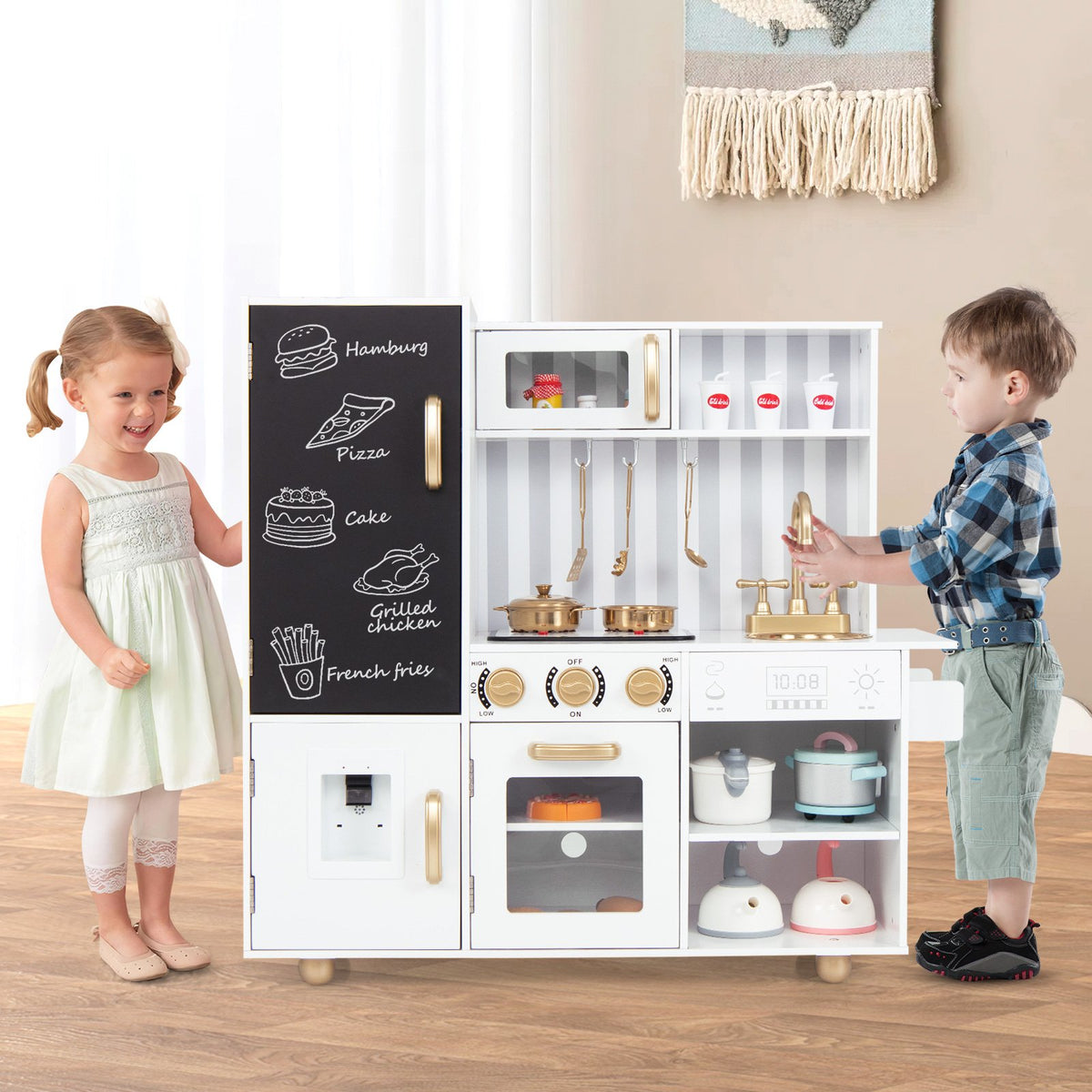 Pretend Play Kitchen for Kids with Real Sounds and Lights-White view 2
