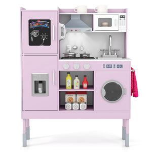 Pretend Play Kitchen Toy Kitchen Playset with Range Hood Ice Maker and Telephone-Pink