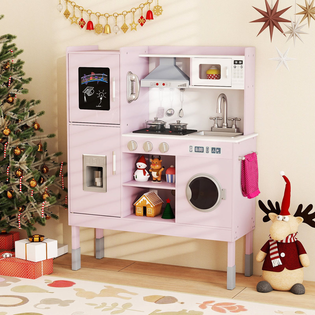 Pretend Play Kitchen Toy Kitchen Playset with Range Hood Ice Maker and Telephone-Pink view 2