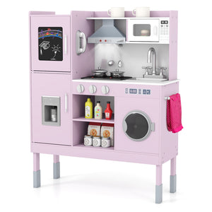 Pretend Play Kitchen Toy Kitchen Playset with Range Hood Ice Maker and Telephone-Pink view 4