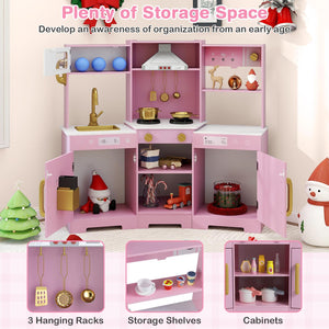Pretend Play Kitchen Wooden Toy Set with Range Hood Real Sounds and Lights-Pink view 9