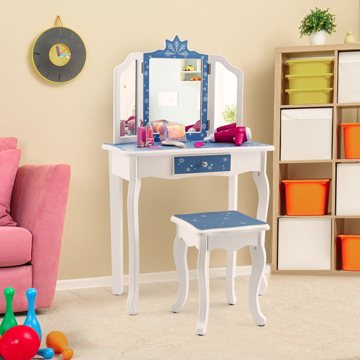 Princess Vanity Table and Chair Set with Tri-Folding Mirror and Snowflake Print-Blue view 2