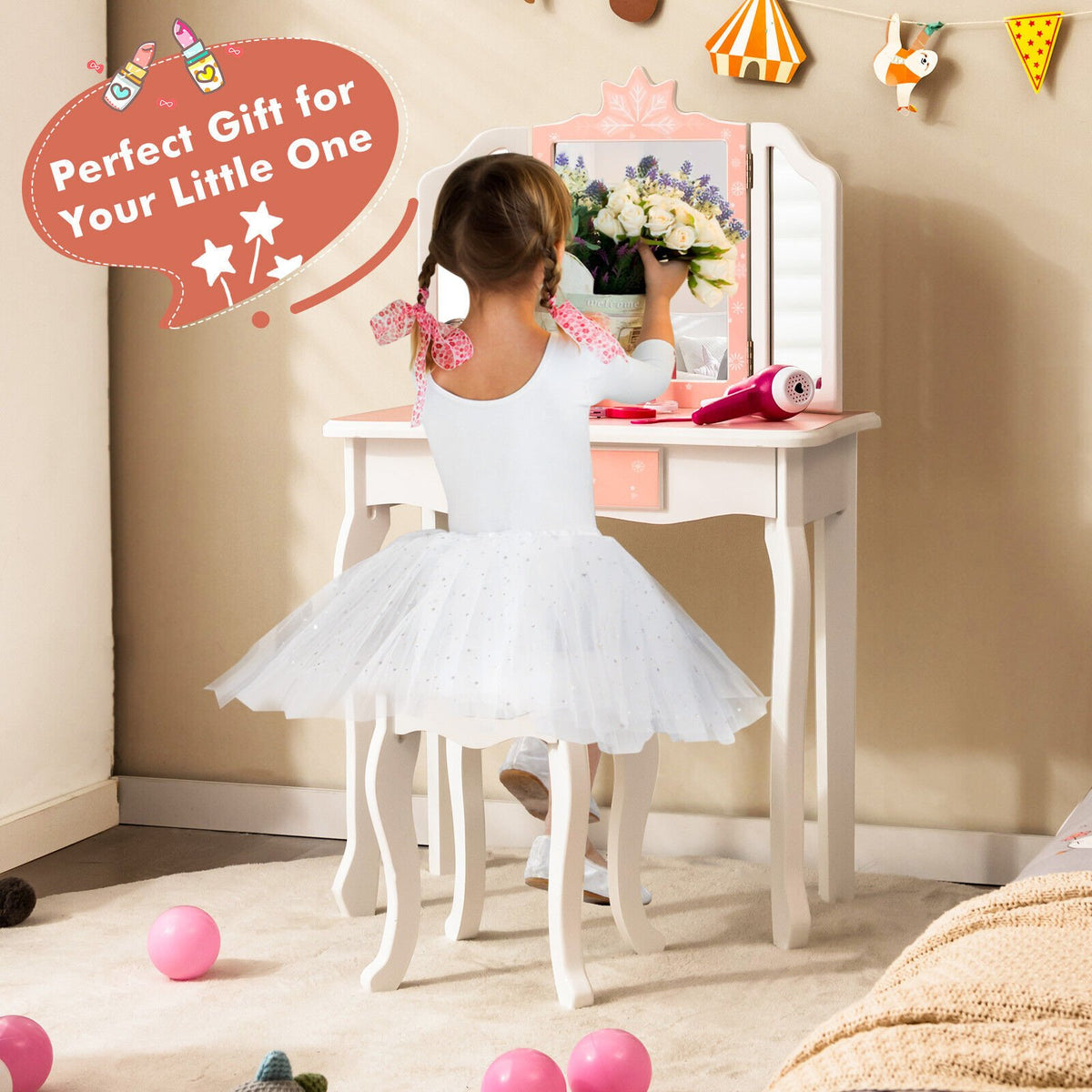 Princess Vanity Table and Chair Set with Tri-Folding Mirror and Snowflake Print-Pink view 2