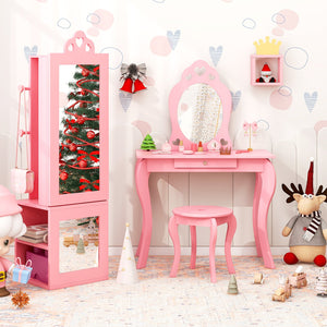 Princess Vanity Table and Stool Set Freestanding Jewelry Cabinet Armoire with Full-Length Mirror-Pink view 3