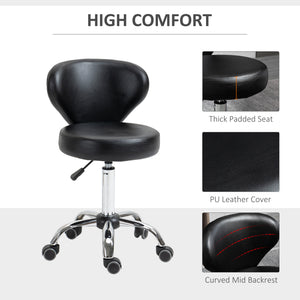 Adjustable Swivel Salon Stool with Backrest and Wheels, Office & Living Room Chair, Synthetic Leather, Black