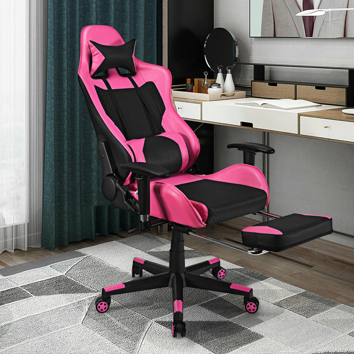 PU Leather Gaming Chair with USB Massage Lumbar Pillow and Footrest-Pink view 2