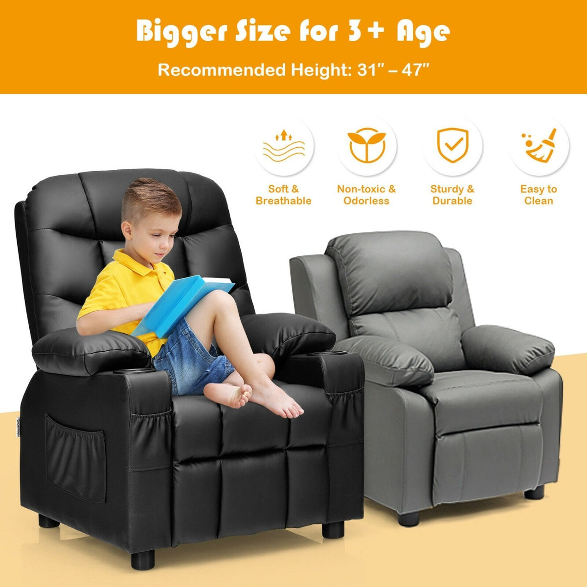 Kids Recliner Chair with Cup Holder and Footrest for Children-Black view 2