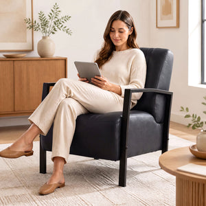 PU Leather Upholstered Armchair with Padded Seat and Back Comfy Lounge Reading Chair-Black view 3