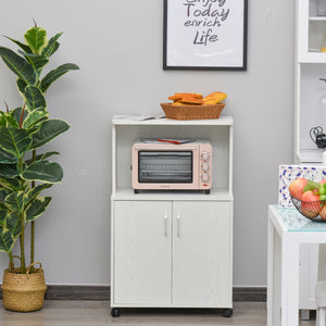 Microwave Cart on Wheels Utility Trolley Storage Sideboard Bookcase with 2-door Cabinet, Grey Wood Grain