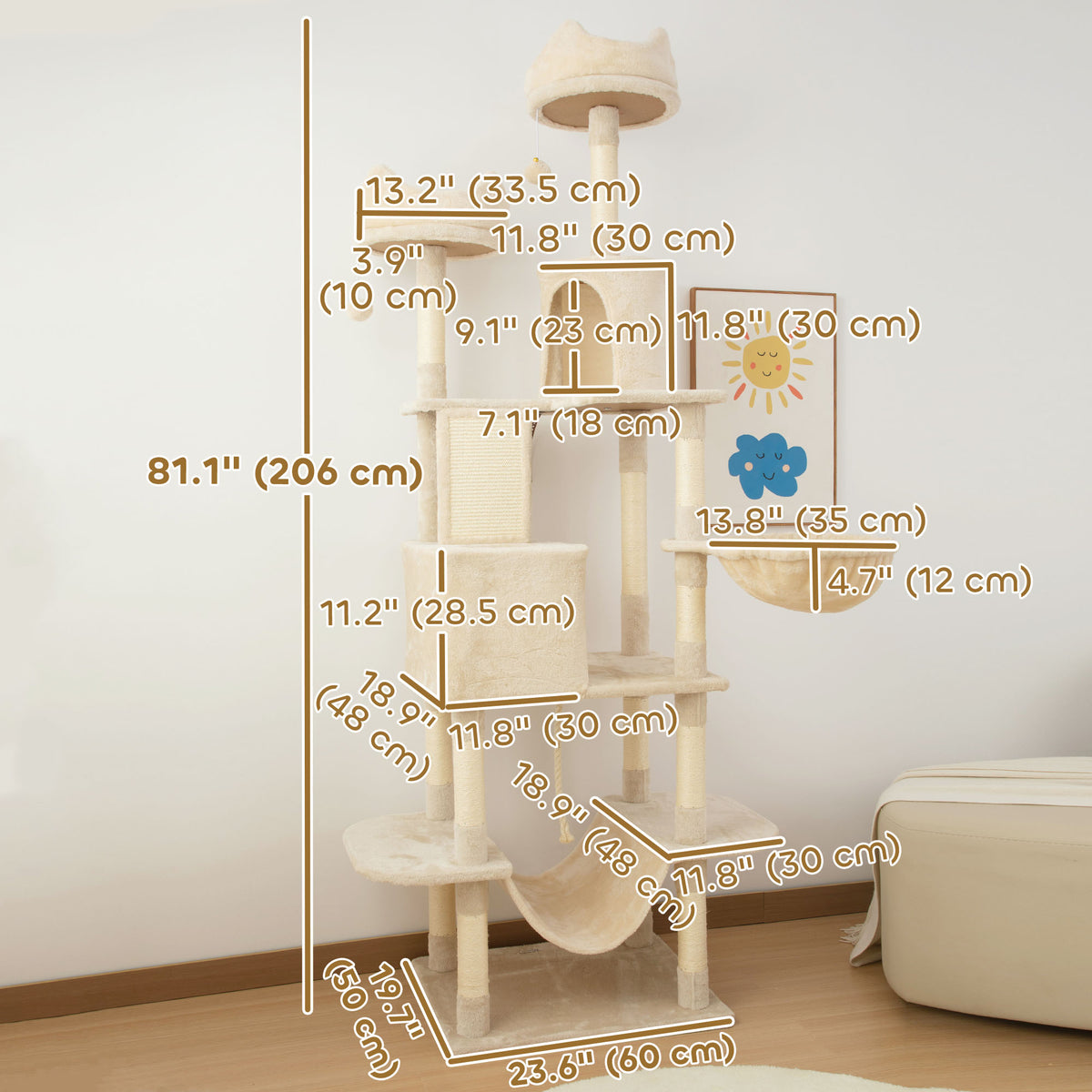 81" Large Cat Tree w/ Scratching Posts, Condos, Beds, Hammocks, Jumping Platforms, Toy Balls, Rope Cat Toy – view 2