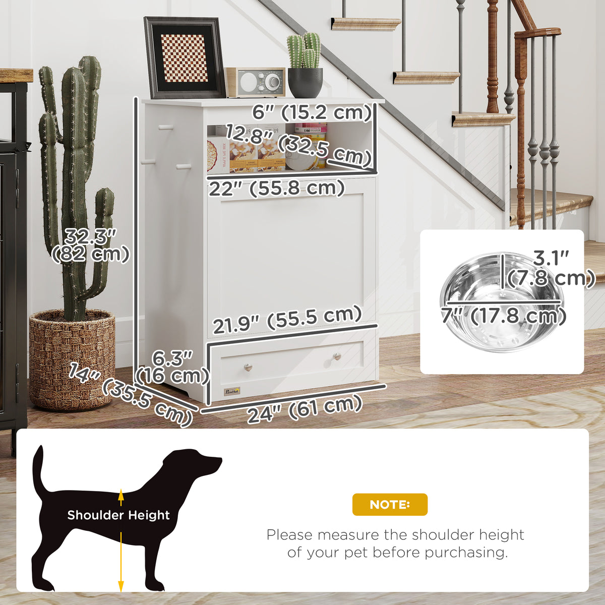 Pet Feeder Station Storage Cabinet, Dog Food Storage Container with Dog Raised Bowls, Watering Supplies, Gray