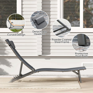 Folding Outdoor Chaise Lounge Chair Set of 2 with Adjustable Backrest, Headrest, Mesh Seat for Beach, Poolside, Grey
