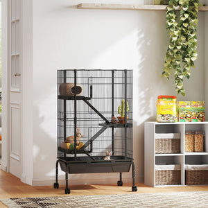 47"H Ferret Cage, Large 4-Tier Guinea Pig Cage with Wheels, Ramps, Bowl, Water Bottle & Removable Tray, Black