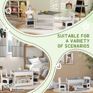 Qaba 3 Piece Kids Table and Chair Set with Reversible Tabletop, Blackboard, Storage, Bookshelf, for Playroom, Nursery