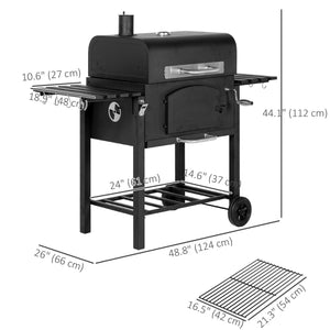 Charcoal Smoker Adjustable Height, Folding Shelves, Thermometer, and Wheels, Black