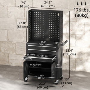 Rolling Tool Cabinet with Pegboard, Lockable Tool Chest, Mobile Tool Storage Organizer for Garage and Workshop, Black