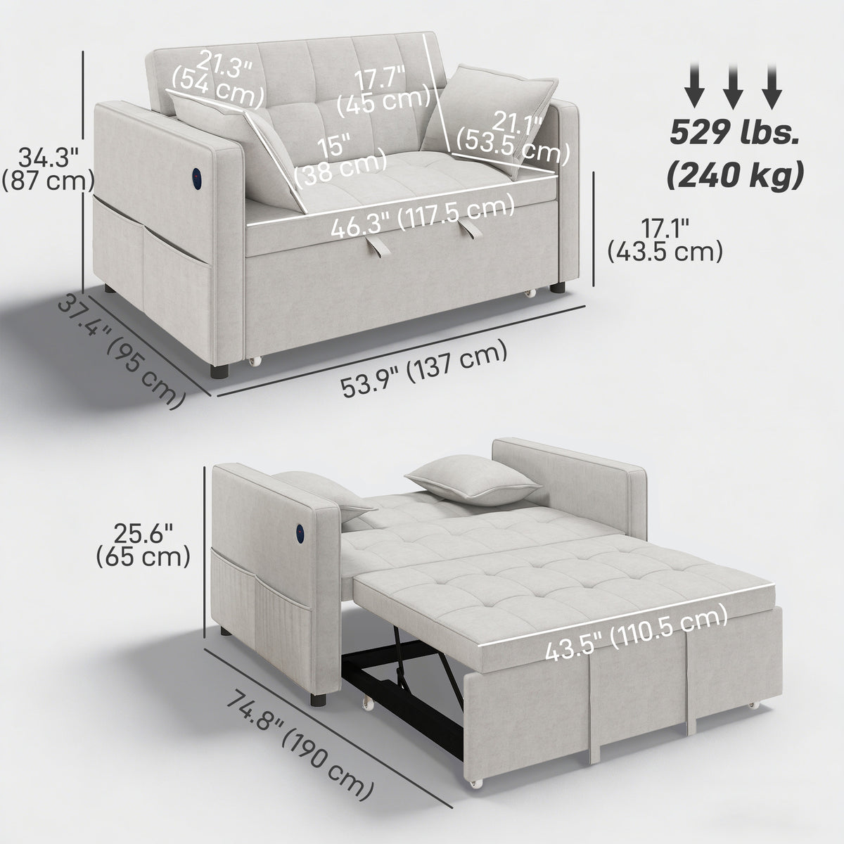 3‑in‑1 Convertible Sofa Bed, Pull Out Sleeper Sofa with USB Charging, Adjustable Backrest, Side Pockets – view 2