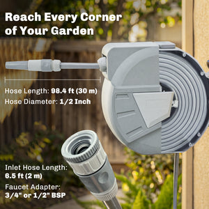 Retractable Garden Hose Reel, 1/2" x 98ft Wall Mounted Hose Reel with Auto Retraction, Self-Locking, Grey