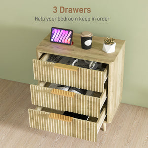 Fluted Chest of Drawers, Modern 3 Drawer Dresser with Pine Wood Legs, Finger Pulls for Closet, Living Room, Hallway, Oak