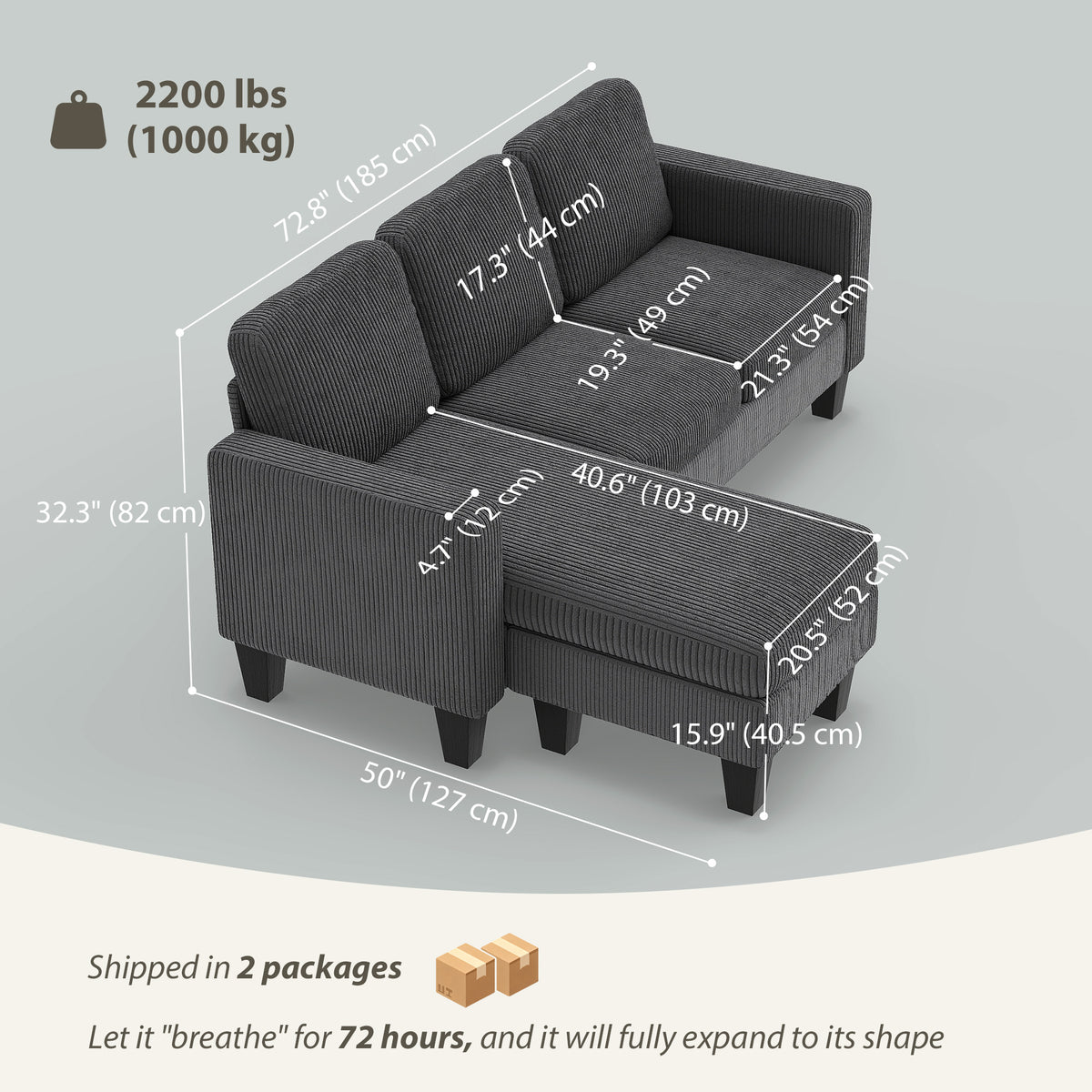 Sectional Sofa, L Shaped Couch, with Changeable Chaise or Ottoman, Dark Grey – view 2