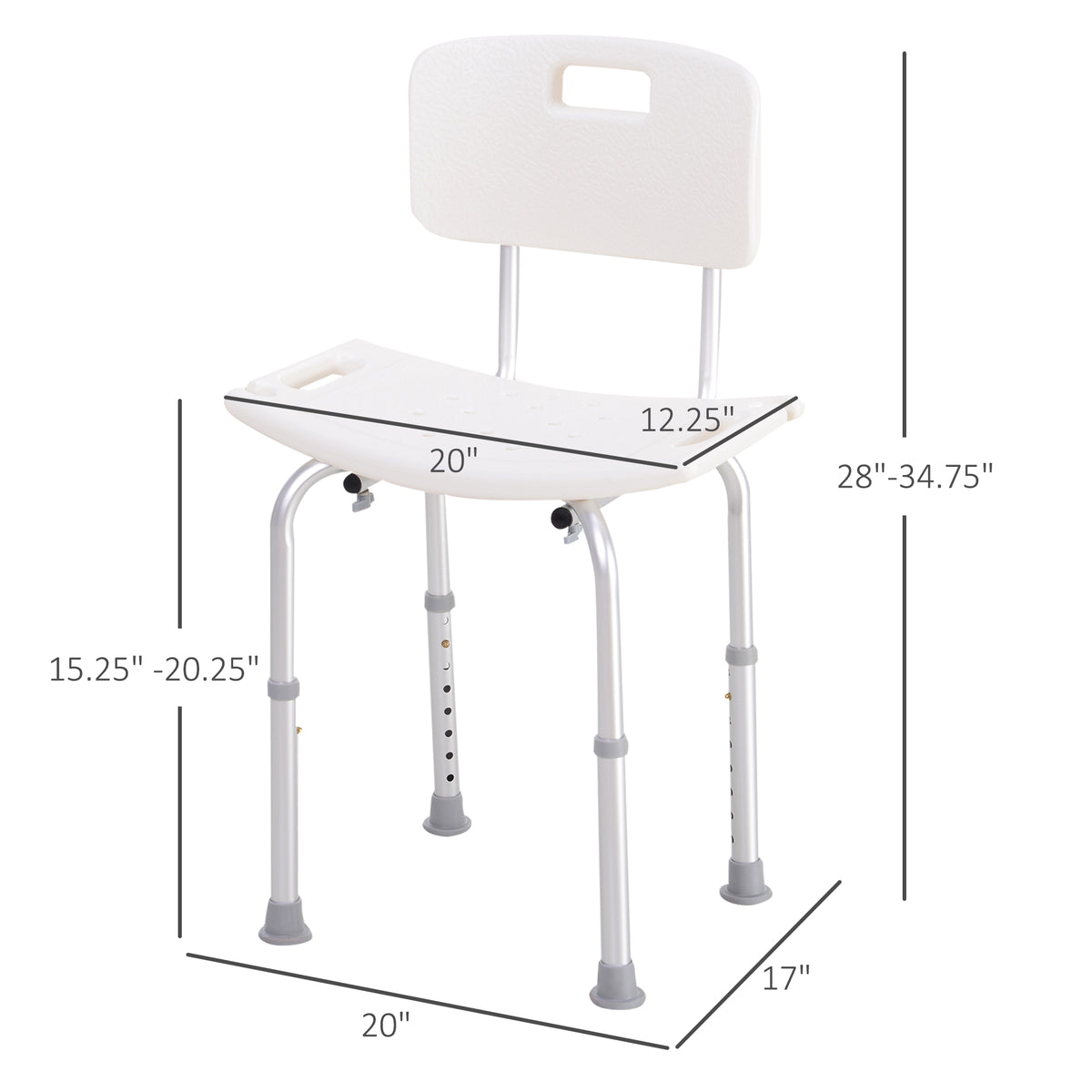 Bath Chair with Back, Adjustable Height Non-slip Shower Stool Bench Tool-Free Assembly Bathroom Aids, White