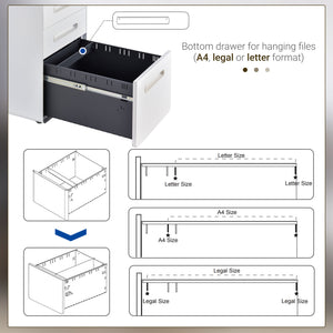 Lockable File Cabinet, Steel Filing Cabinet on Wheels for Legal, A4, Letter Size, Home Office