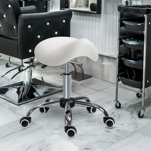 Ergonomic Saddle Stool with Wheels, Adjustable PU Leather Saddle Chair, 360° Swivel, No Back Pain, Healthy Posture, Salon Chair for Massage Medical Home, Cream White
