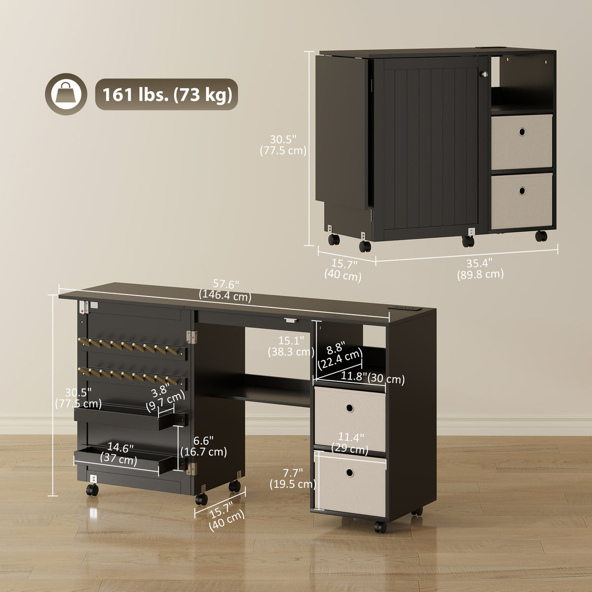 Rolling Sewing Machine Table with Power Outlet, Folding Craft Table with 2 Fabric Drawers – view 2