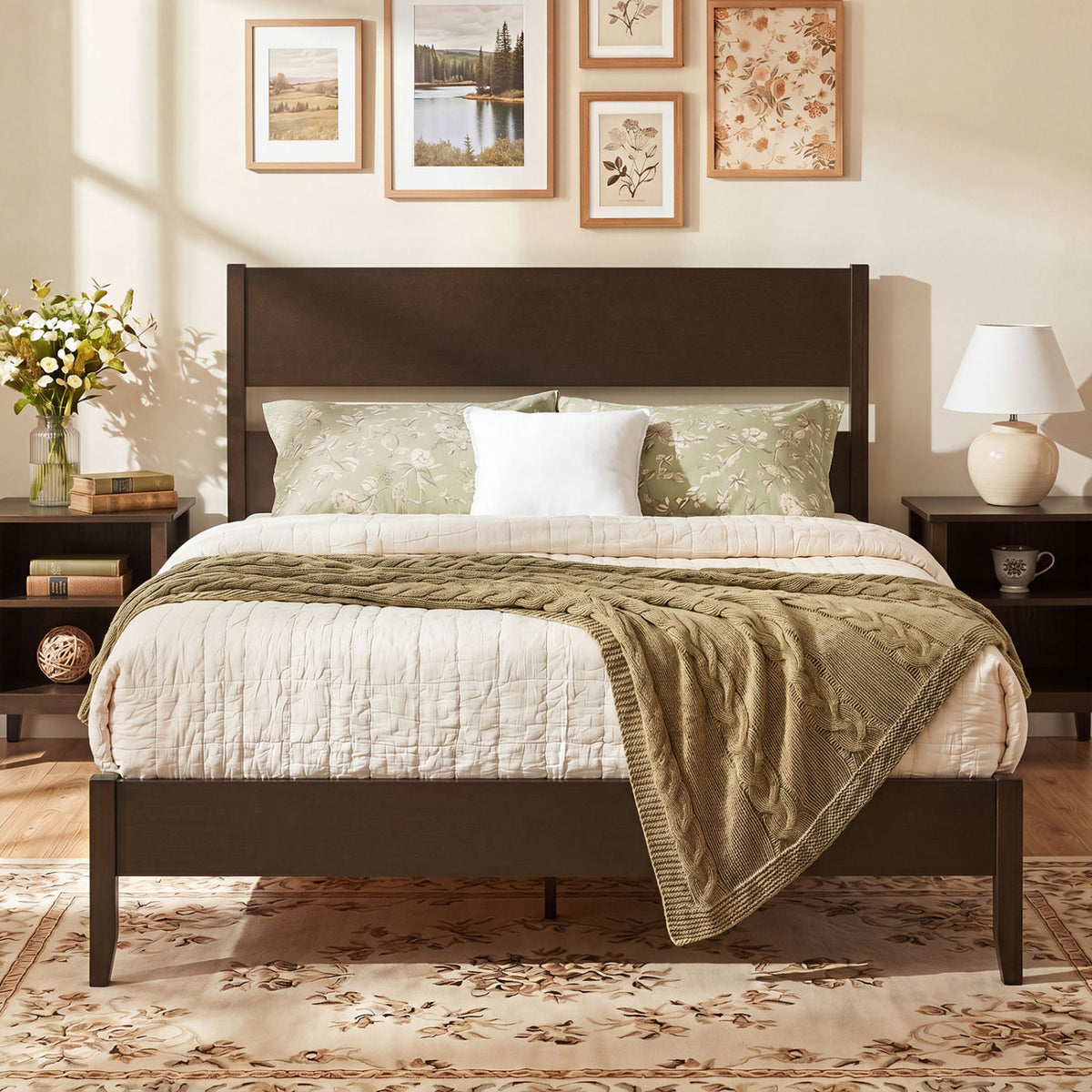 Queen Bed Frame with Headboard and Solid Wood Legs 12 Slats-Dark Walnut view 2