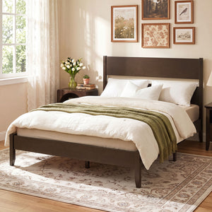 Queen Bed Frame with Headboard and Solid Wood Legs 12 Slats-Dark Walnut view 3