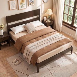 Queen Bed Frame with Headboard and Solid Wood Legs 12 Slats-Dark Walnut view 5