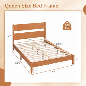 Queen Bed Frame with Headboard and Solid Wood Legs 12 Slats-Warm Brown view 4