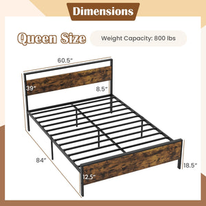 Queen Metal Bed Frame Industrial Platform Bed with Wooden Headboard-Queen Size view 4