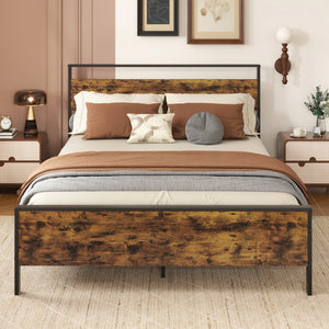 Queen Metal Bed Frame Industrial Platform Bed with Wooden Headboard-Queen Size view 6