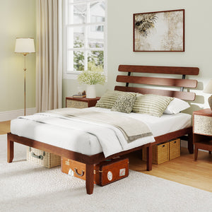 Queen Size Bed Frame 15.5 Inch Solid Wood Platform Bed with Retro Headboard view 3
