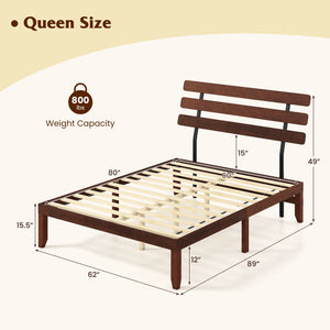 Queen Size Bed Frame 15.5 Inch Solid Wood Platform Bed with Retro Headboard view 4