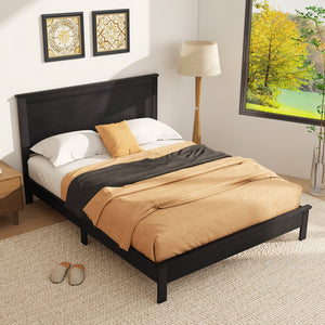 Queen Size Bed Frame Platform Slat High Headboard Bedroom with Rubber Wood Leg-Black view 6