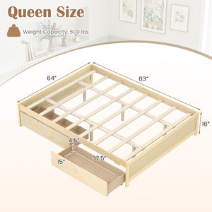 Queen Size Bed Frame with 2 Rolling Storage Drawers-Natural view 4