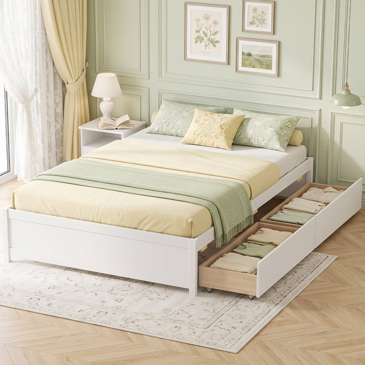 Queen Size Bed Frame with 2 Rolling Storage Drawers-White view 2