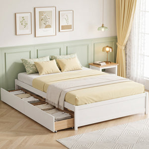 Queen Size Bed Frame with 2 Rolling Storage Drawers-White view 3