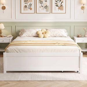 Queen Size Bed Frame with 2 Rolling Storage Drawers-White view 5