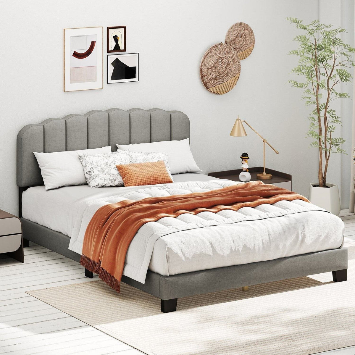 Queen Size Bed Frame with Adjustable Scalloped Tufted Headboard-Queen Size view 2