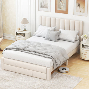 Queen Size Bed Frame with Storage Drawer and Vertical Channel Headboard-Beige view 5