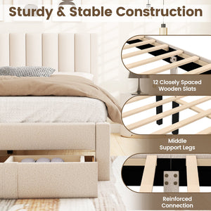 Queen Size Bed Frame with Storage Drawer and Vertical Channel Headboard-Beige view 6