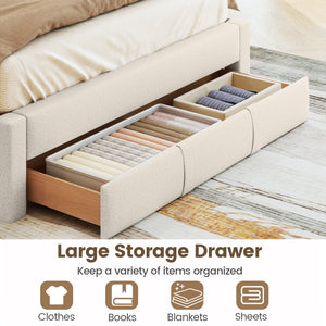 Queen Size Bed Frame with Storage Drawer and Vertical Channel Headboard-Beige view 8
