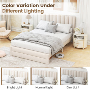 Queen Size Bed Frame with Storage Drawer and Vertical Channel Headboard-Beige view 9
