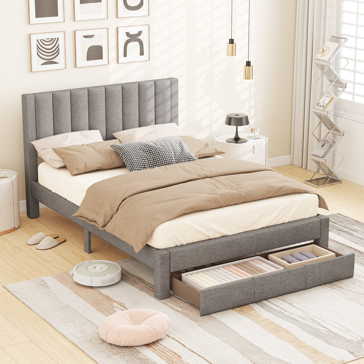 Queen Size Bed Frame with Storage Drawer and Vertical Channel Headboard-Gray view 2
