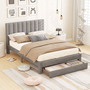 Queen Size Bed Frame with Storage Drawer and Vertical Channel Headboard-Gray view 2