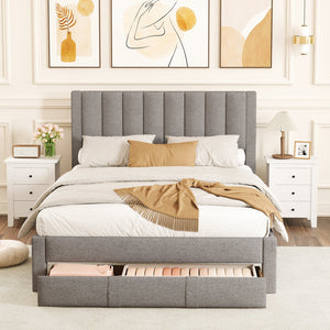 Queen Size Bed Frame with Storage Drawer and Vertical Channel Headboard-Gray view 3