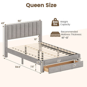 Queen Size Bed Frame with Storage Drawer and Vertical Channel Headboard-Gray view 4